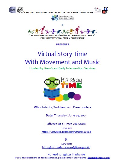 Flier for storytime and yoga hosted by KenCrest Early Intervention Services