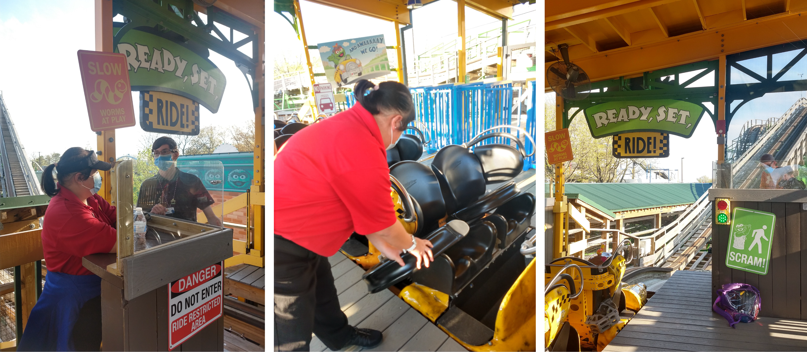 A collage of Danielle working at Sesame Place as a roller coaster attendant.
