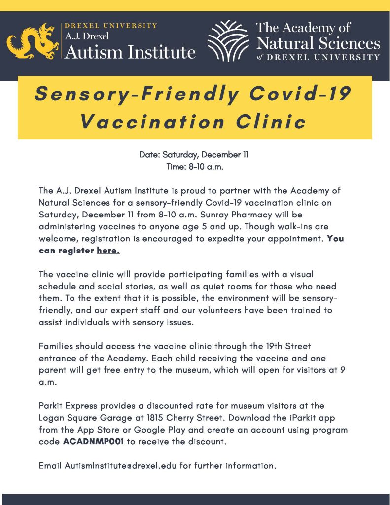 Sensory-Friendly covid vaccine clinic flyer